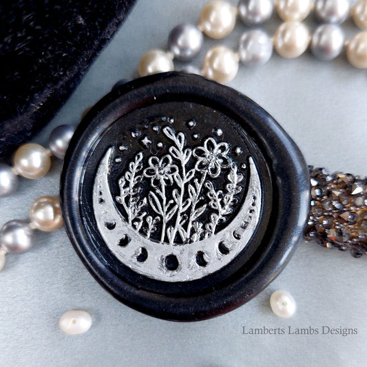 Black wax seal stickers with moon and flowers, Premade wax seals, Self-adhesive wax seal stickers.