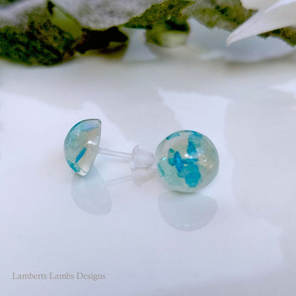 Handmade stud earrings with blue glass