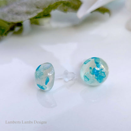 Handmade stud earrings with blue glass