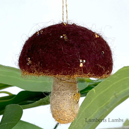 Brown needle felted mushroom, enchanted hanging mushroom bauble