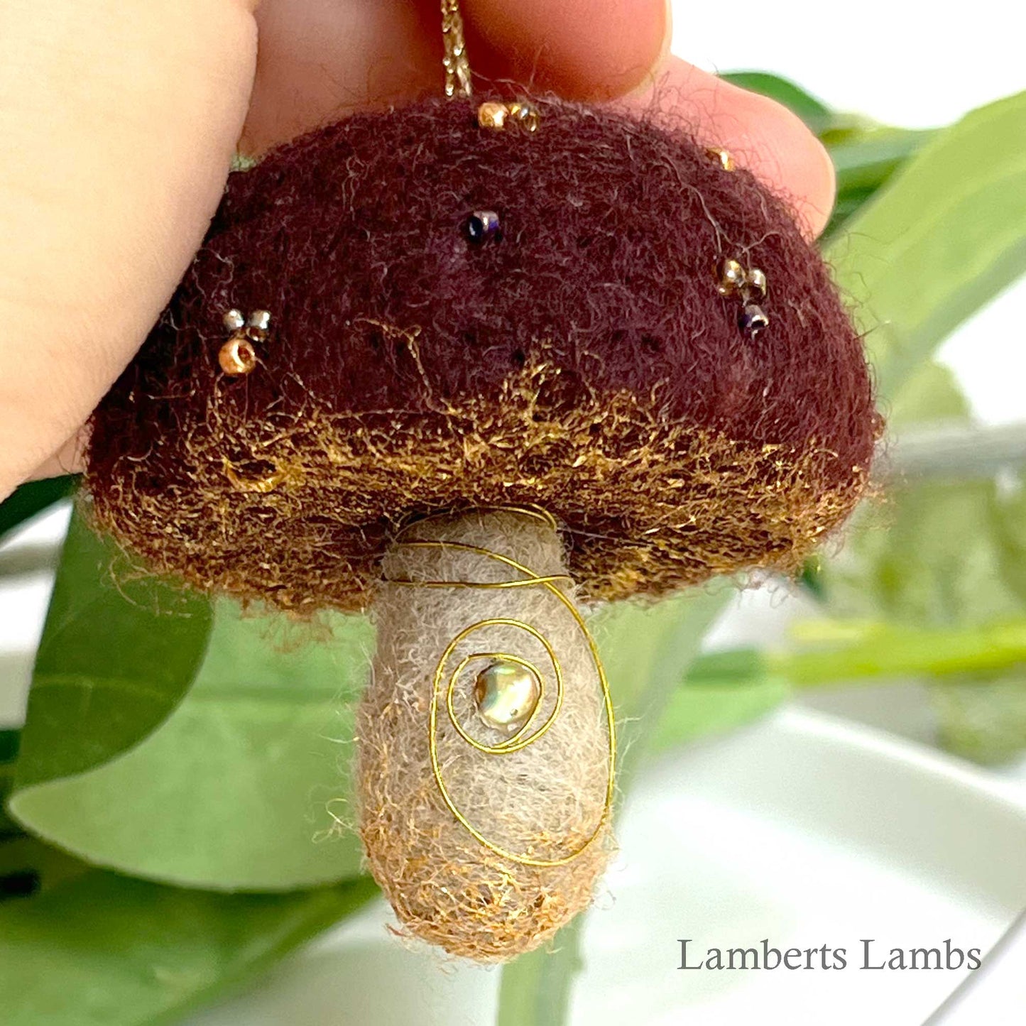 Brown needle felted mushroom, enchanted hanging mushroom bauble