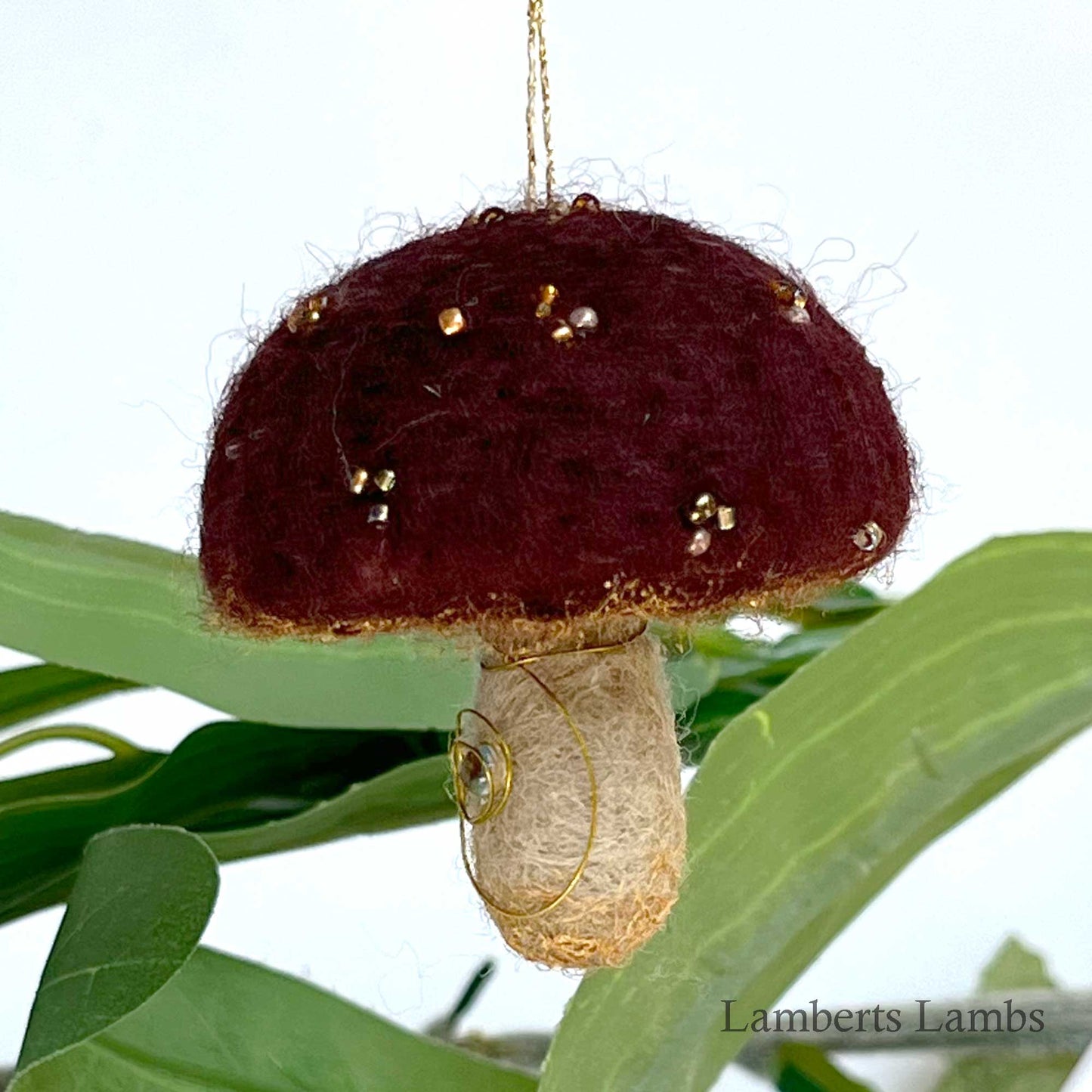 Brown needle felted mushroom, enchanted hanging mushroom bauble