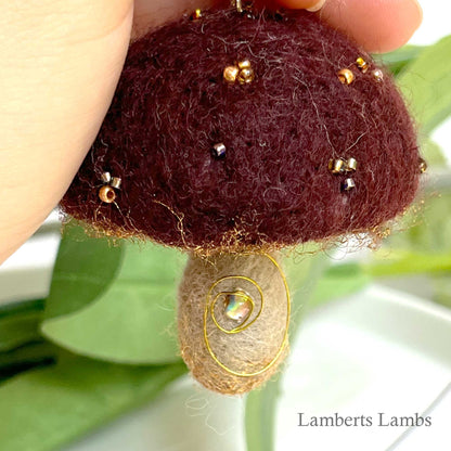 Brown needle felted mushroom, enchanted hanging mushroom bauble