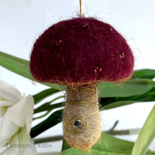 Burgundy needle felted mushroom, enchanted hanging mushroom bauble