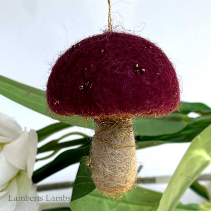 Burgundy needle felted mushroom, enchanted hanging mushroom bauble