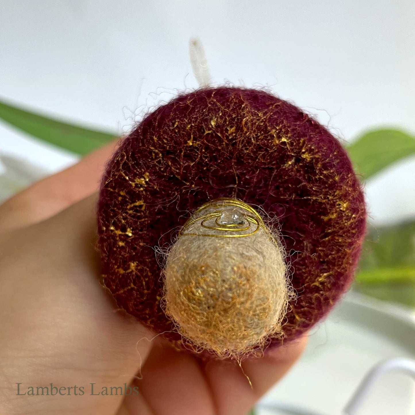 Burgundy needle felted mushroom, enchanted hanging mushroom bauble