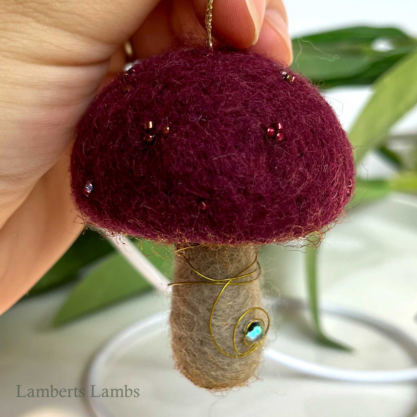 Burgundy needle felted mushroom, enchanted hanging mushroom bauble