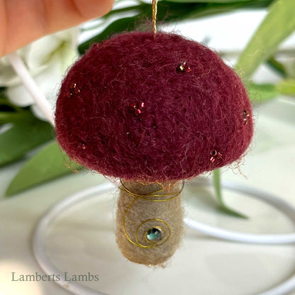 Burgundy needle felted mushroom, enchanted hanging mushroom bauble