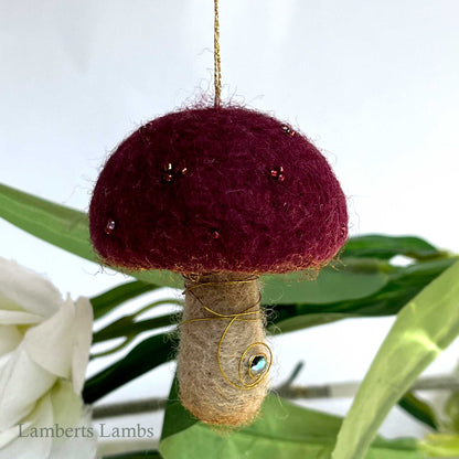 Burgundy needle felted mushroom, enchanted hanging mushroom bauble