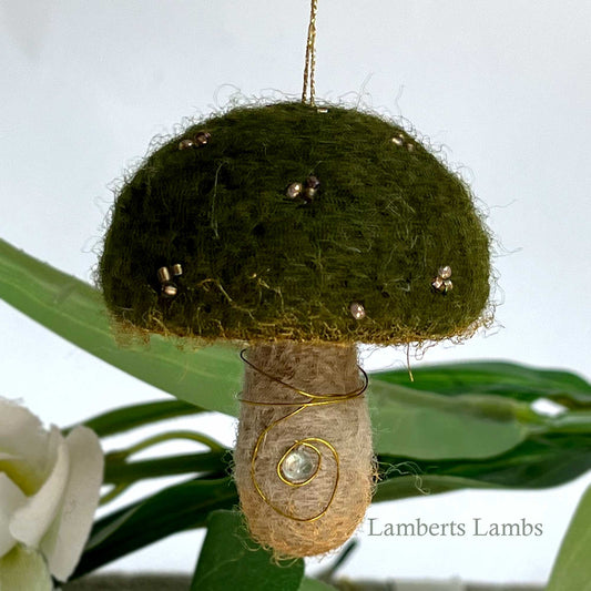 Dark olive green needle felted mushroom, enchanted hanging mushroom bauble