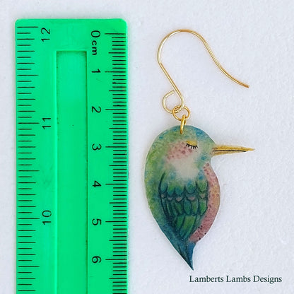 Tropical bird drop earrings, handmade bird hanging earrings - Dark