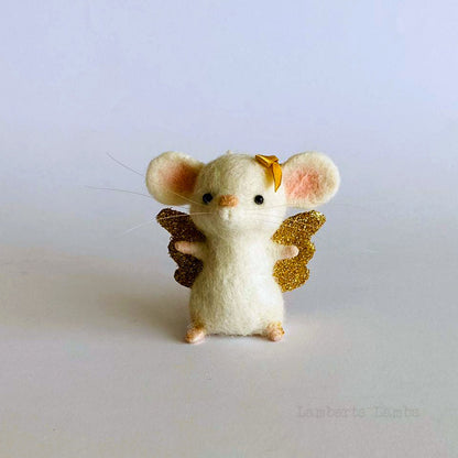 White needle felted mouse angel, cute mouse miniature animal, mouse ornament, mouse figurine