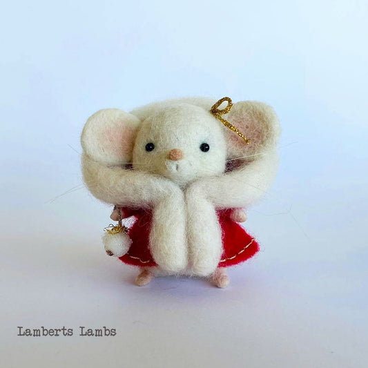 White needle felted Christmas mouse  in a red hooded cape Handmade wool mouse