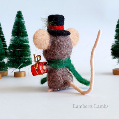 Dapper Christmas Mouse, Brown needle felted Christmas mouse, felt Christmas ornament Handmade wool mouse