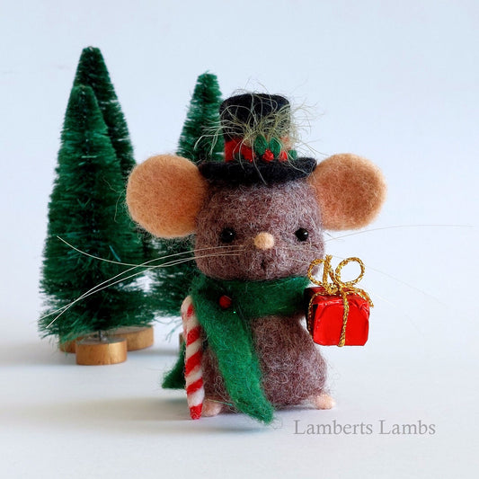 Dapper Christmas Mouse, Brown needle felted Christmas mouse, felt Christmas ornament Handmade wool mouse