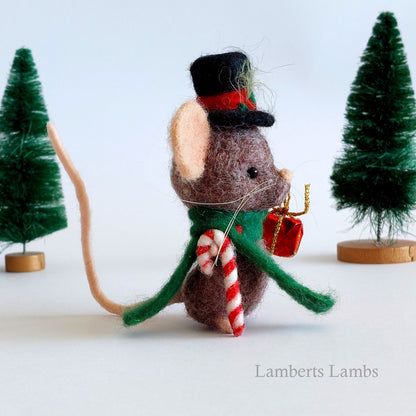 Dapper Christmas Mouse, Brown needle felted Christmas mouse, felt Christmas ornament Handmade wool mouse