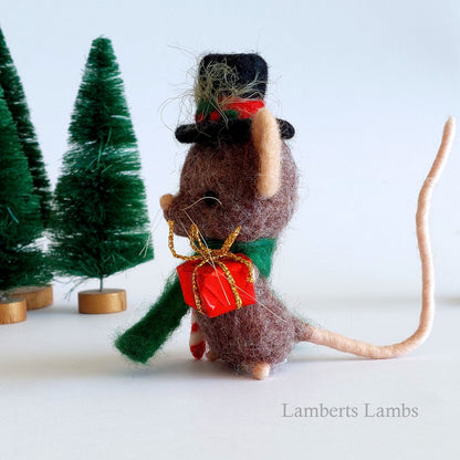 Dapper Christmas Mouse, Brown needle felted Christmas mouse, felt Christmas ornament Handmade wool mouse