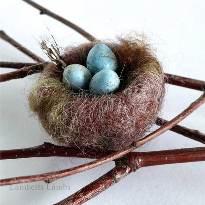 Miniature Needle felted birds Nest with 3 blue eggs