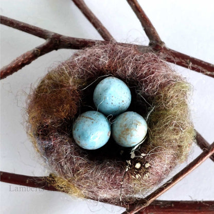 Miniature Needle felted birds Nest with 3 blue eggs