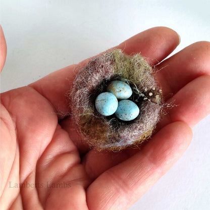 Miniature Needle felted birds Nest with 3 blue eggs