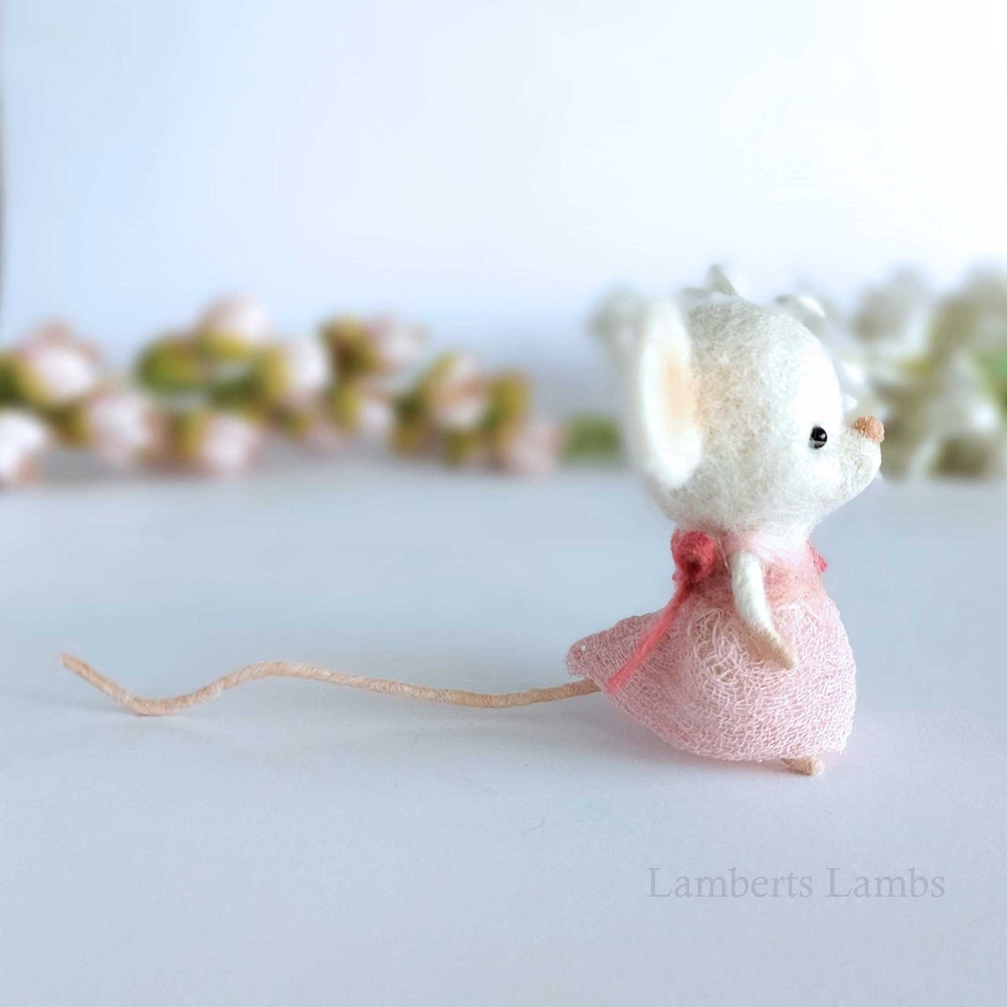 Needle Felted White Mouse in a dust pink dress. Needle felted miniature animal