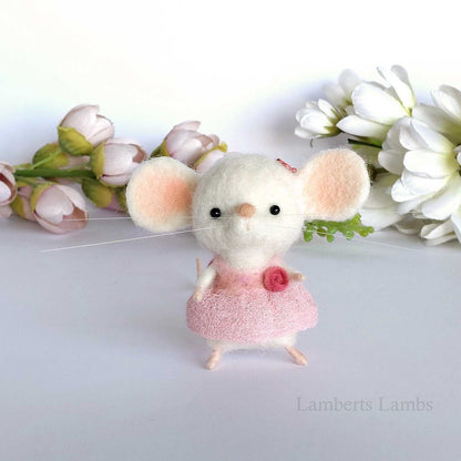 Needle Felted White Mouse in a dust pink dress. Needle felted miniature animal