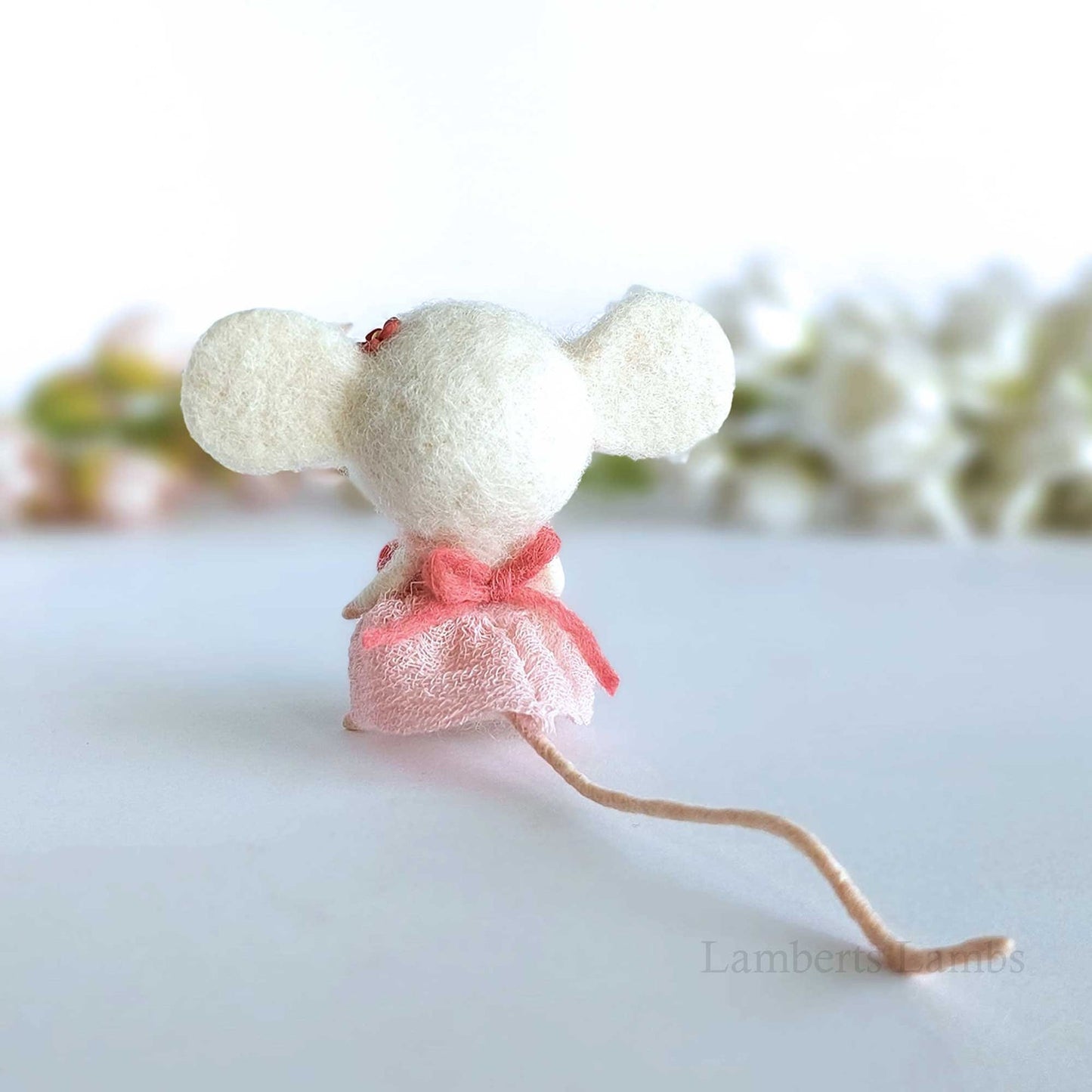 Needle Felted White Mouse in a dust pink dress. Needle felted miniature animal