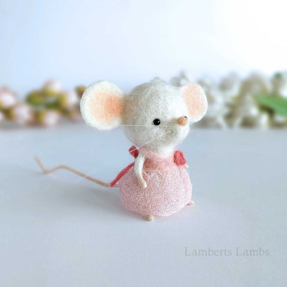 Needle Felted White Mouse in a dust pink dress. Needle felted miniature animal