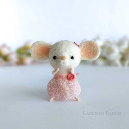 Needle Felted White Mouse in a dust pink dress. Needle felted miniature animal