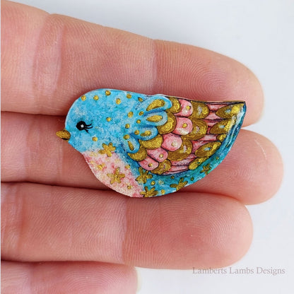 Artsy hand painted blue, pink and gold bird brooch