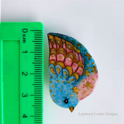 Artsy hand painted blue, pink and gold bird brooch