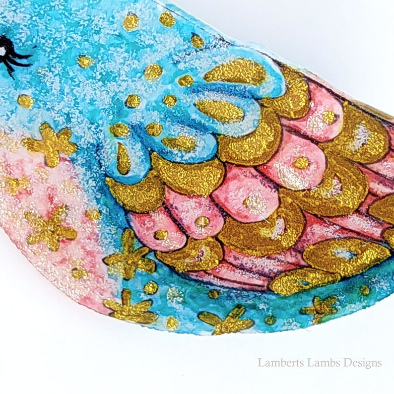 Artsy hand painted blue, pink and gold bird brooch