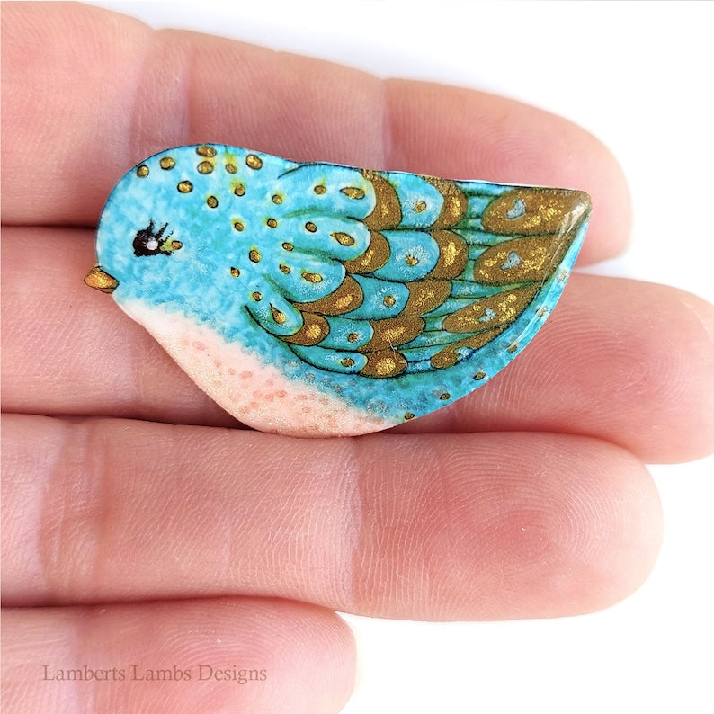 Artsy hand painted blue and gold bird brooch