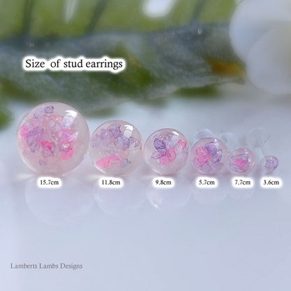 Handmade stud earrings with mulit colour glass -pink, purple, blue, yellow, green