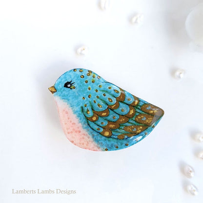 Artsy hand painted blue and gold bird brooch