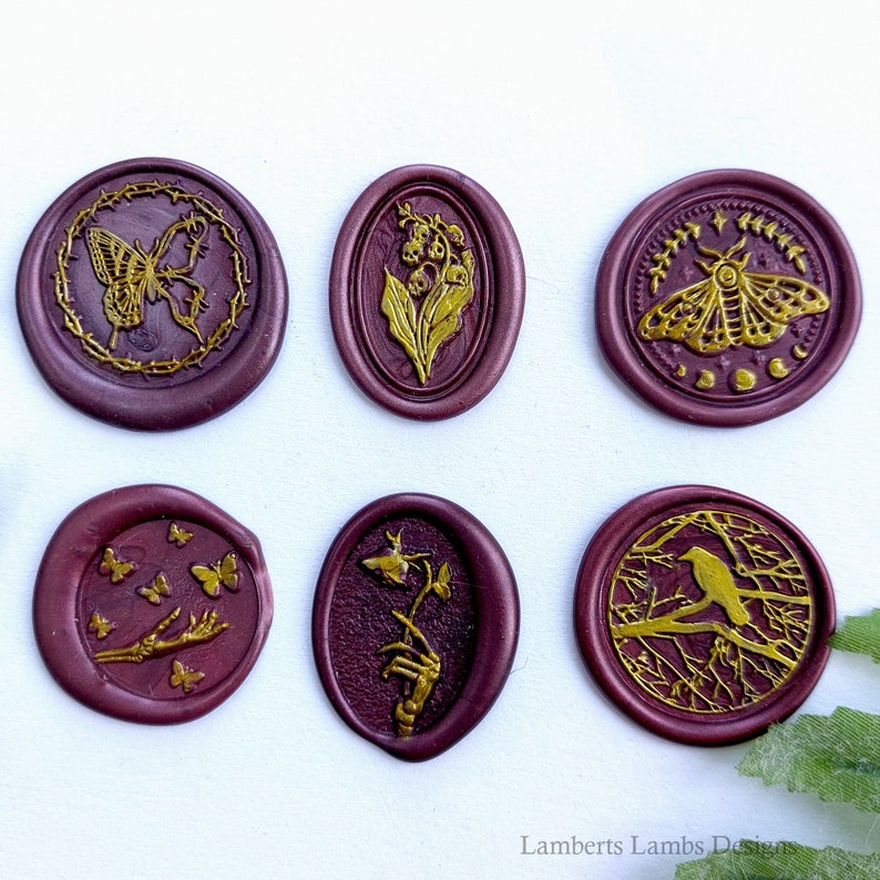 Halloween wax seal stickers set of 6, Premade wax seals, Self-adhesive wax seal stickers, Burgundy and gold wax seals