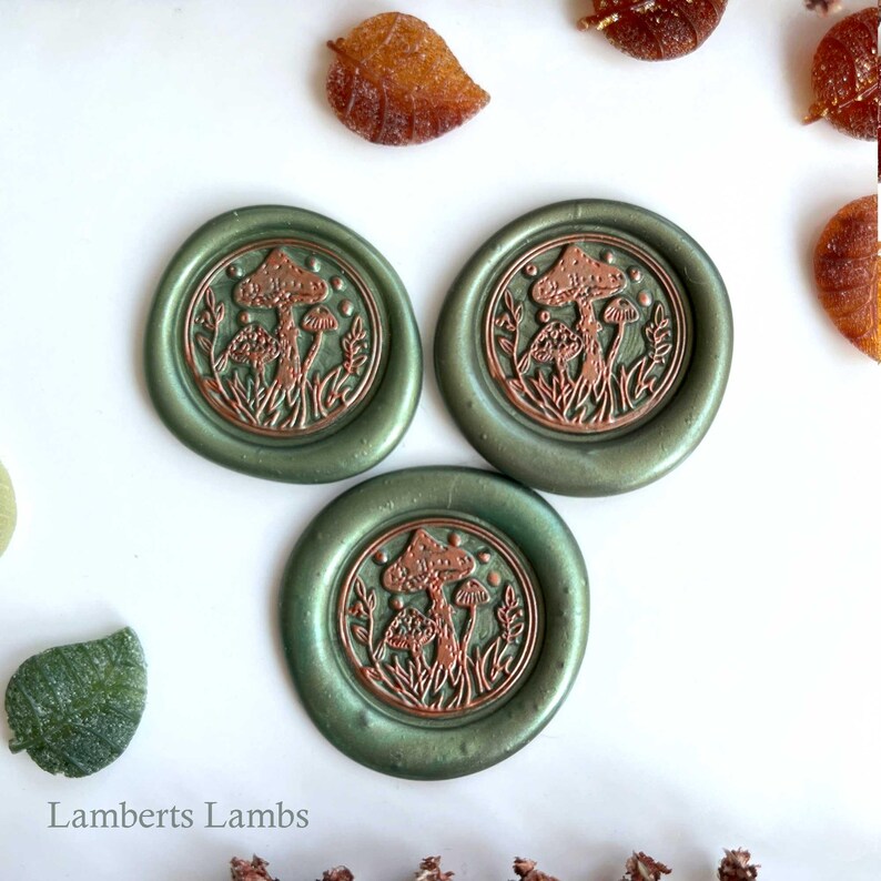 Green with 6 copper colored mushroom wax seal stickers , Premade set of three mushroom wax seal stickers for journaling, gift wrapping