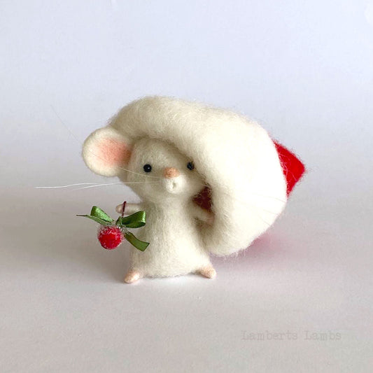 White needle felted Christmas mouse felt Christmas ornament Handmade wool mouse