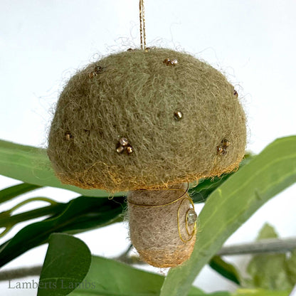 Light olive green needle felted mushroom, enchanted hanging mushroom bauble