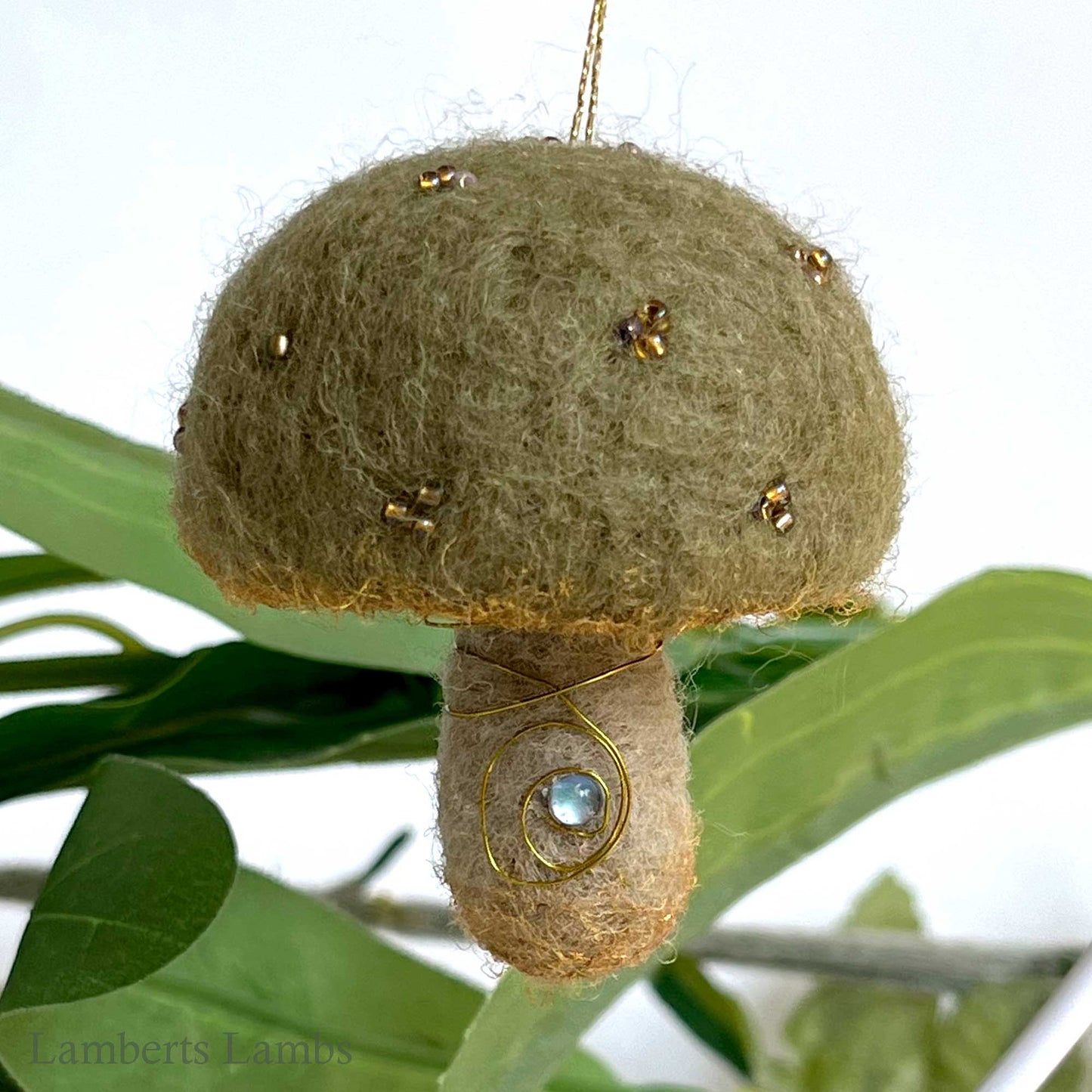 Light olive green needle felted mushroom, enchanted hanging mushroom bauble