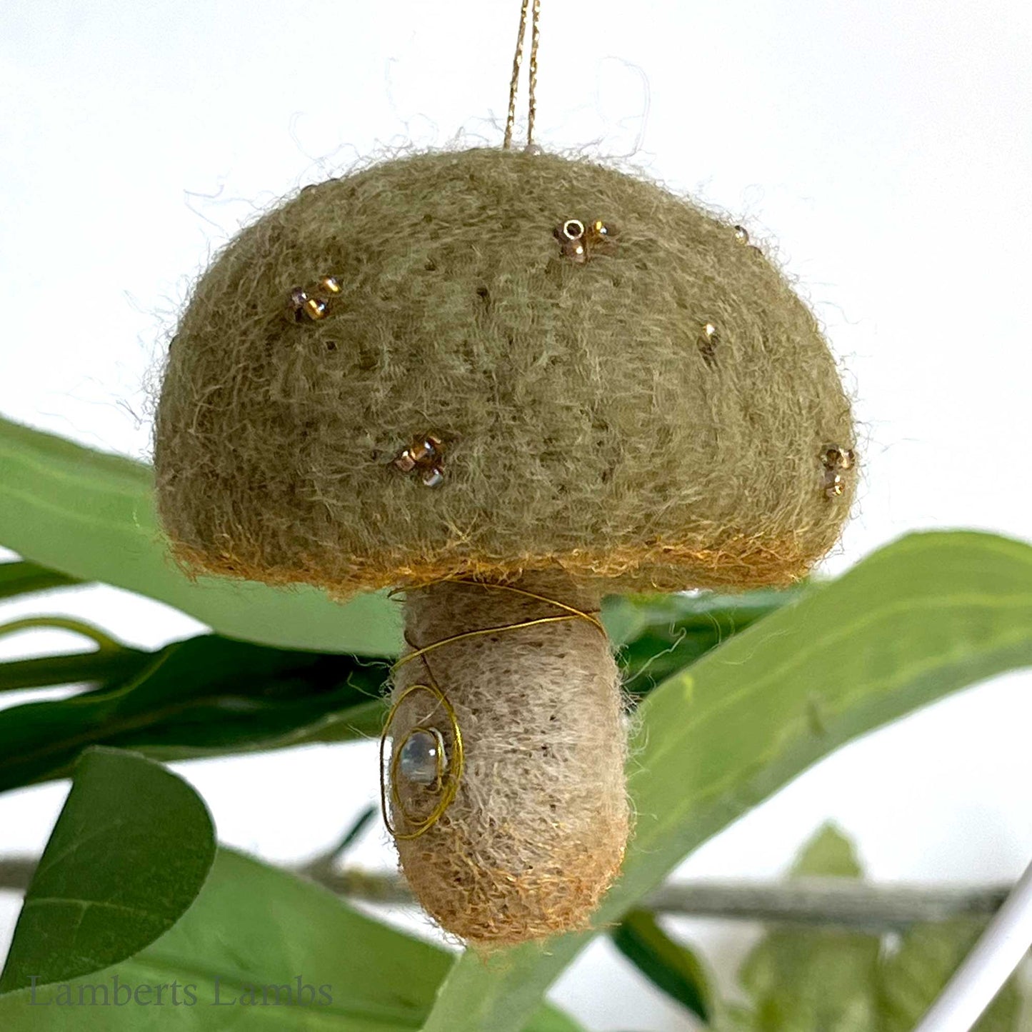 Light olive green needle felted mushroom, enchanted hanging mushroom bauble