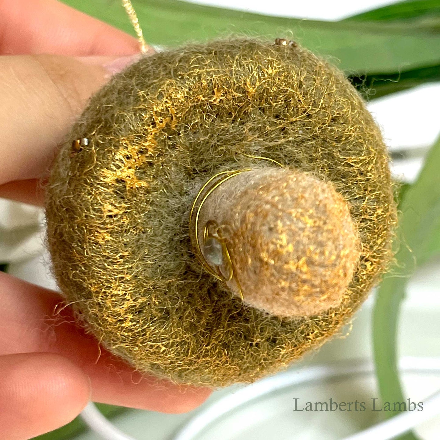 Light olive green needle felted mushroom, enchanted hanging mushroom bauble