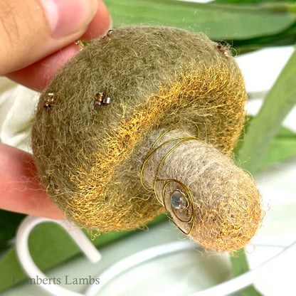 Light olive green needle felted mushroom, enchanted hanging mushroom bauble