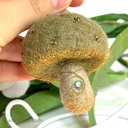 Light olive green needle felted mushroom, enchanted hanging mushroom bauble