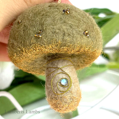 Light olive green needle felted mushroom, enchanted hanging mushroom bauble