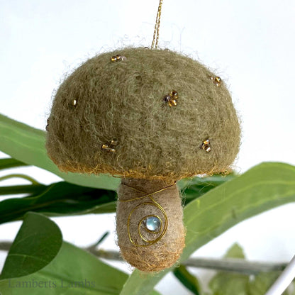 Light olive green needle felted mushroom, enchanted hanging mushroom bauble