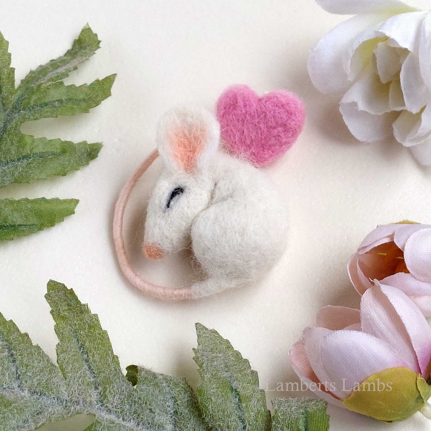 Sleeping needle felted mouse with a heart  Small handmade white felted wool mouse asleep