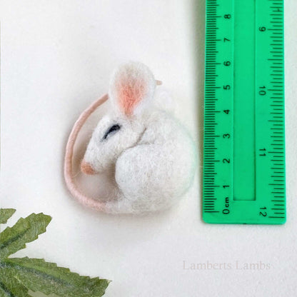 Sleeping needle felted mouse with a heart  Small handmade white felted wool mouse asleep