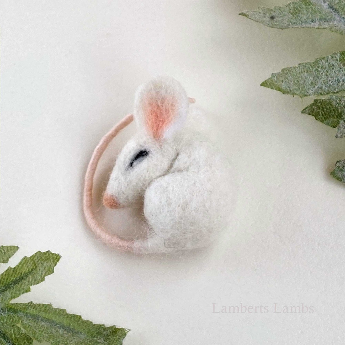 Sleeping needle felted mouse with a heart  Small handmade white felted wool mouse asleep