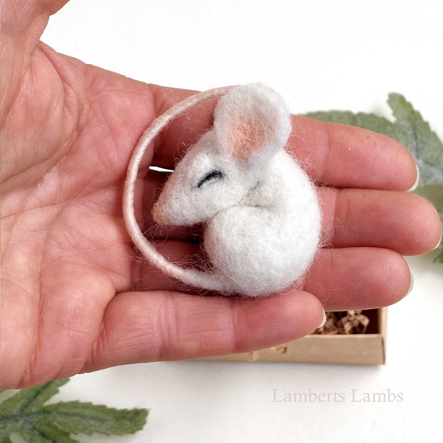 Sleeping needle felted mouse with a heart  Small handmade white felted wool mouse asleep